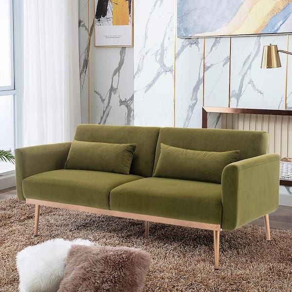 Anbazar 33 In. W Flared Arm Velvet Upholstery Modern Straight Sofa In  Green, Accent Wood Frame Loveseat Sofa With Metal Feet 02639Anna G – The  Home Depot Intended For Couches Love Seats With Wood Frame (Photo 14 of 15)