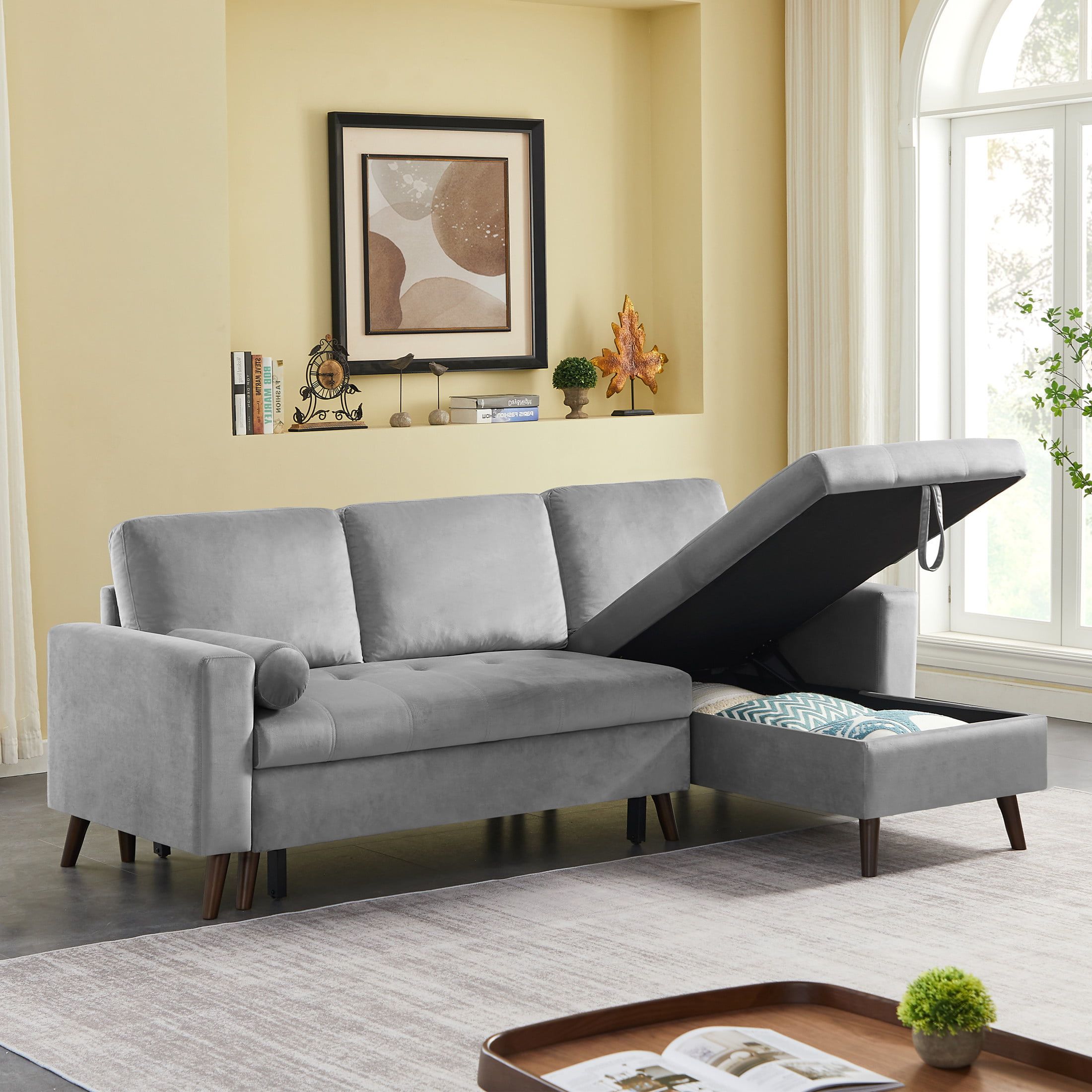 Aukfa 88" Sectional Sleeper Sofa  Pull Out Bed With Storage Chaise For  Living Room  Velvet  Gray – Walmart In Convertible Sofa With Matching Chaise (Photo 7 of 15)