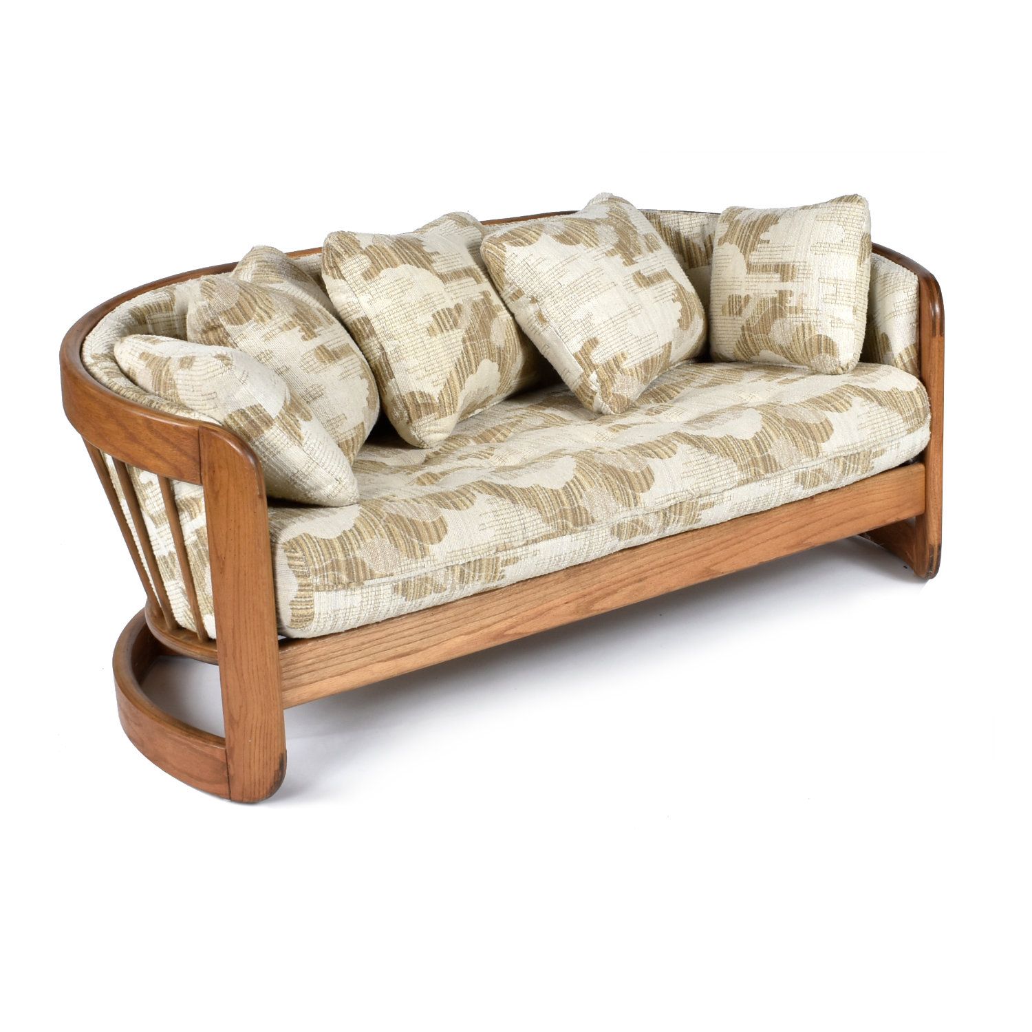 Beige Spindle Back Curved Solid Oak Wood Crescent Shaped Loveseat Inside Couches Love Seats With Wood Frame (View 6 of 15)