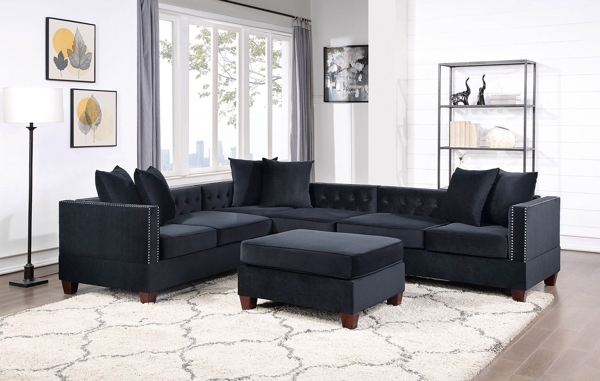 Black Velvet Fabric Solidwood Sectional 4Pc Set Reversible Chaise /  Loveseats Ottoman Tufted Cushion Couch Pillows Living Room – Walmart Regarding Sectional Sofas With Ottomans And Tufted Back Cushion (View 3 of 15)