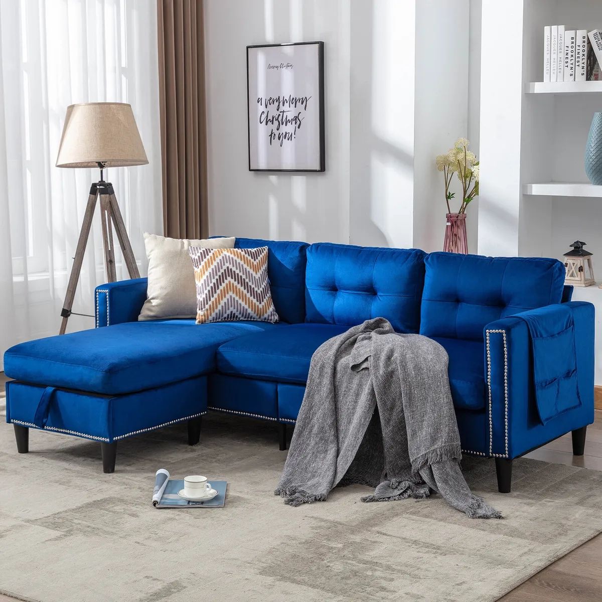 Blue Velvet L Shaped Convertible Sectional Sofa Couch Ottoman Chaise Usb  Storage | Ebay Pertaining To Convertible Sectional Sofa Couches (View 10 of 15)
