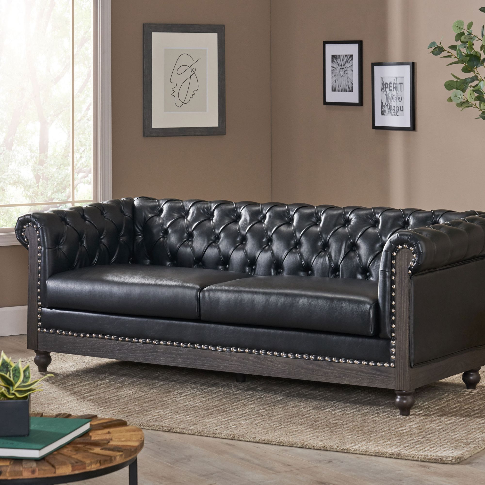 Castalia Chesterfield Tufted 3 Seater Sofa With Nailhead Trim, Midnight  Black And Dark Brown In Midnight Black/Dark Brownnoble House Regarding Sofas With Nailhead Trim (Photo 15 of 15)
