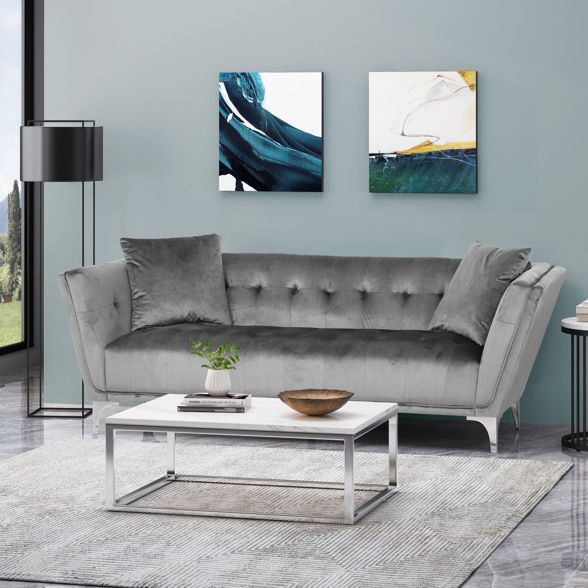 Chopline Modern Glam 3 Seater Velvet Sofa, Smoke And Silver In Smoke Gray/ Silvernoble House Inside Light Gray Velvet Sofas (Photo 6 of 15)