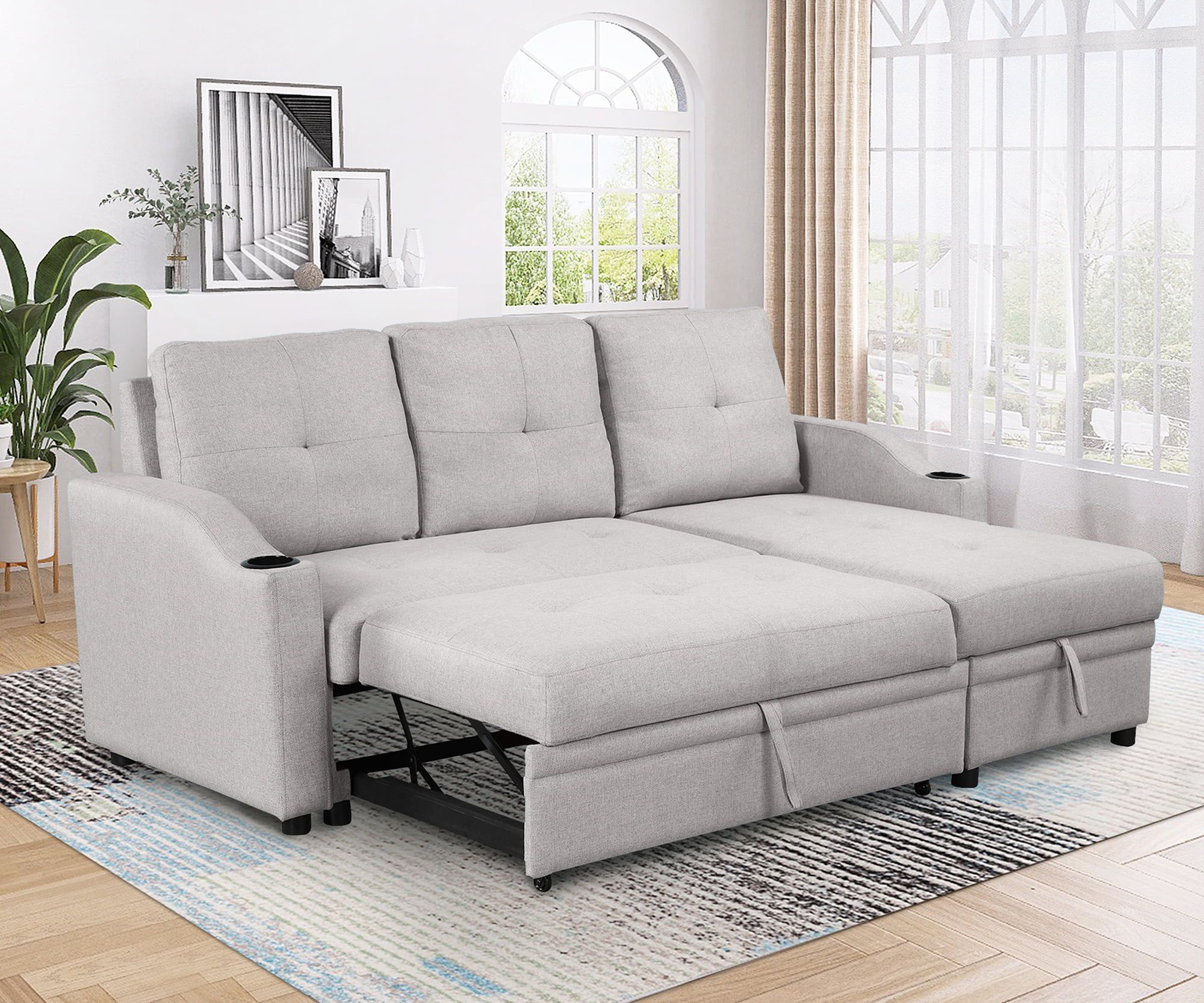Churanty Pull Out Bed Sleeper Sectional Sofa Upholstery Reversible Couch  With Storage Chaise Cup Holder For Small Spaces,Gray – Walmart Within Reversible Pull Out Sofa Couches (Photo 2 of 15)