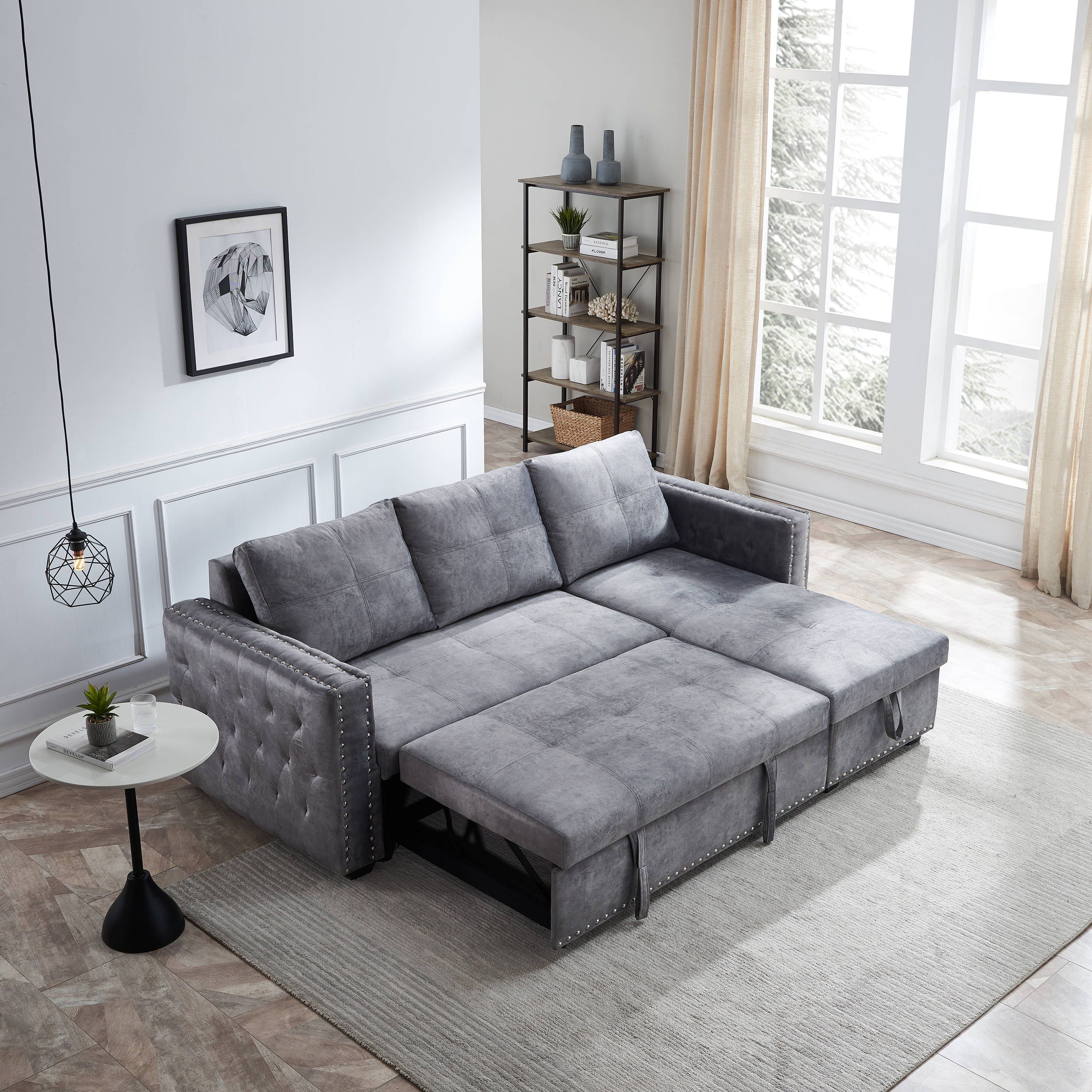 Clihome Sofa With Pulled Out Bed Modern Gray Polyester/Blend Sleeper In The  Couches, Sofas & Loveseats Department At Lowes With Pull Out Couch Beds (Photo 1 of 15)