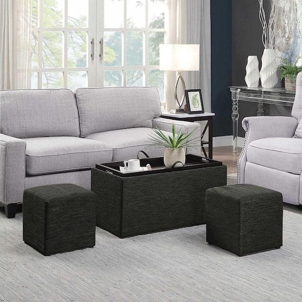 Convenience Concepts Designs4Comfort Sheridan Dark Charcoal Gray Fabric  Storage Bench With Reversible Tray And 2 Side Ottomans R8 198 – The Home  Depot Throughout Sofa Set With Storage Tray Ottoman (Photo 13 of 15)