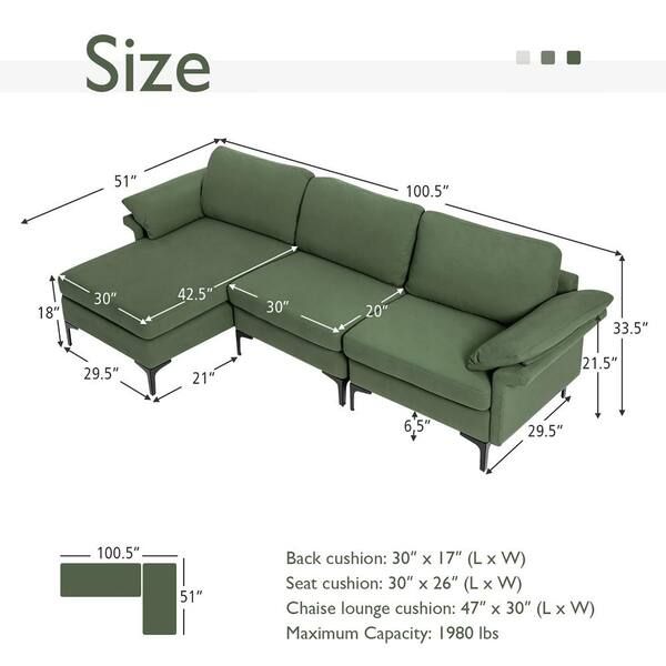 Costway 100.5 In. W Square Arm 3 Piece Polyester Modular Modern 3 Seat Sofa  Couch With Reversible Chaise And 2 Usb Ports Green  Hv10301Gn A+Hv10301Gn B+Hv10301Us Gn D – The Home Depot In 3 Seat L Shape Sofa Couches With 2 Usb Ports (Photo 15 of 15)