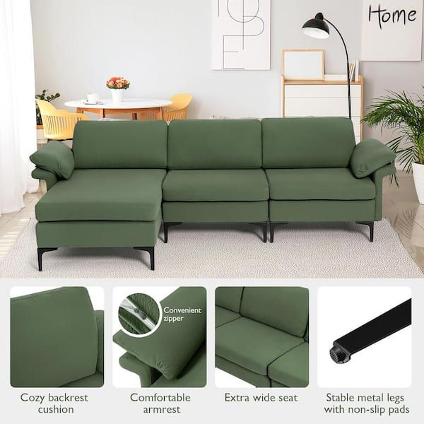Costway 100.5 In. W Square Arm 3 Piece Polyester Modular Modern 3 Seat Sofa  Couch With Reversible Chaise And 2 Usb Ports Green  Hv10301Gn A+Hv10301Gn B+Hv10301Us Gn D – The Home Depot Throughout 3 Seat L Shape Sofa Couches With 2 Usb Ports (Photo 12 of 15)