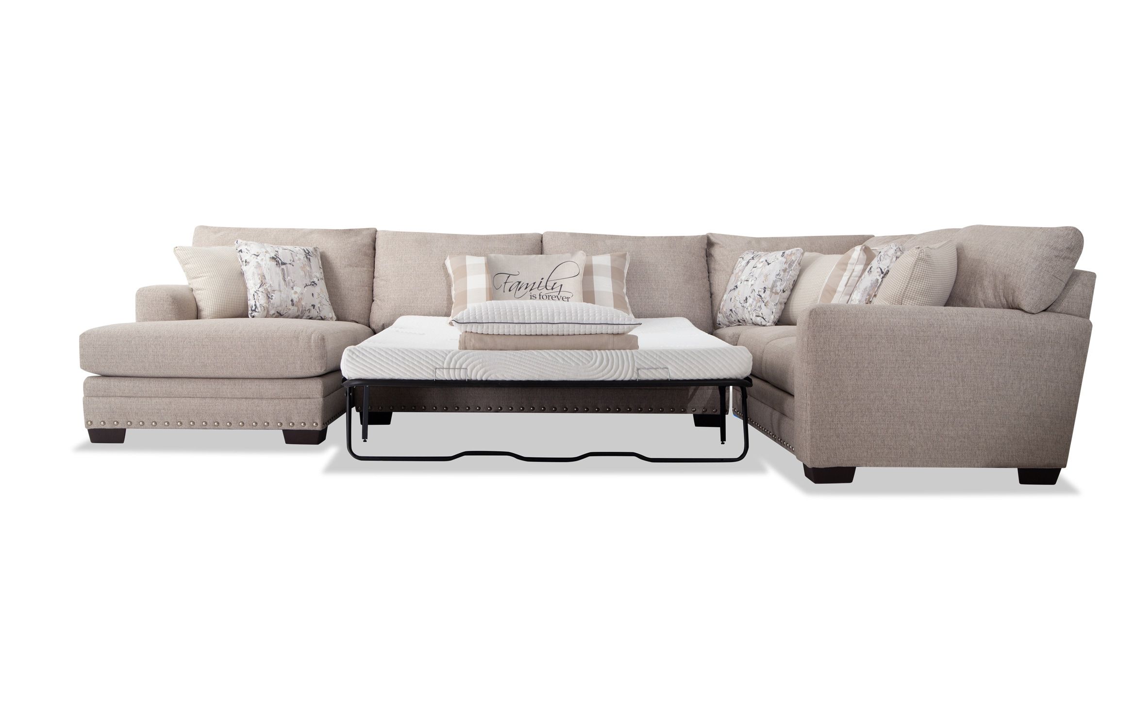 Cottage Chic Beige 4 Piece Right Arm Facing Bob O Pedic Queen Sleeper  Sectional | Bob'S Discount Furniture Throughout Left Or Right Facing Sleeper Sectional Sofas (View 14 of 15)