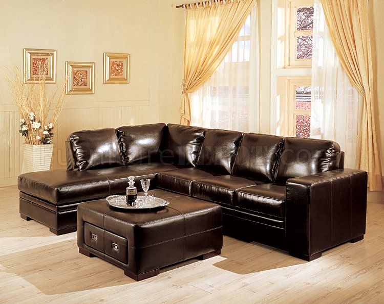 Dark Brown Bycast Leather Sectional Sofa W/Storage Ottoman Within Sofas With Storage Ottoman (View 15 of 15)