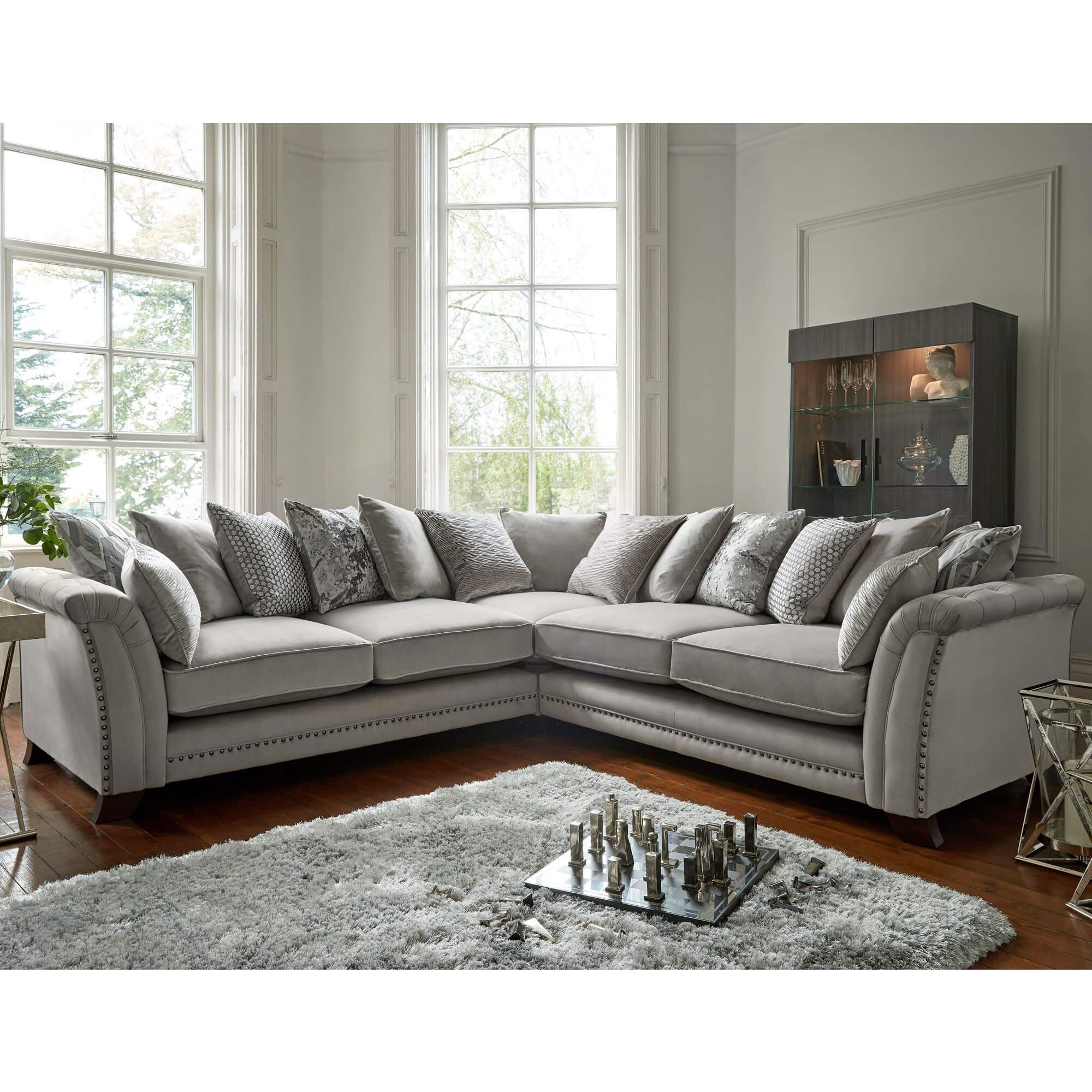 Fairfield Silver Velvet Pillow Back Sofa Collection With Regard To Pillowback Sofa Sectionals (Photo 10 of 15)