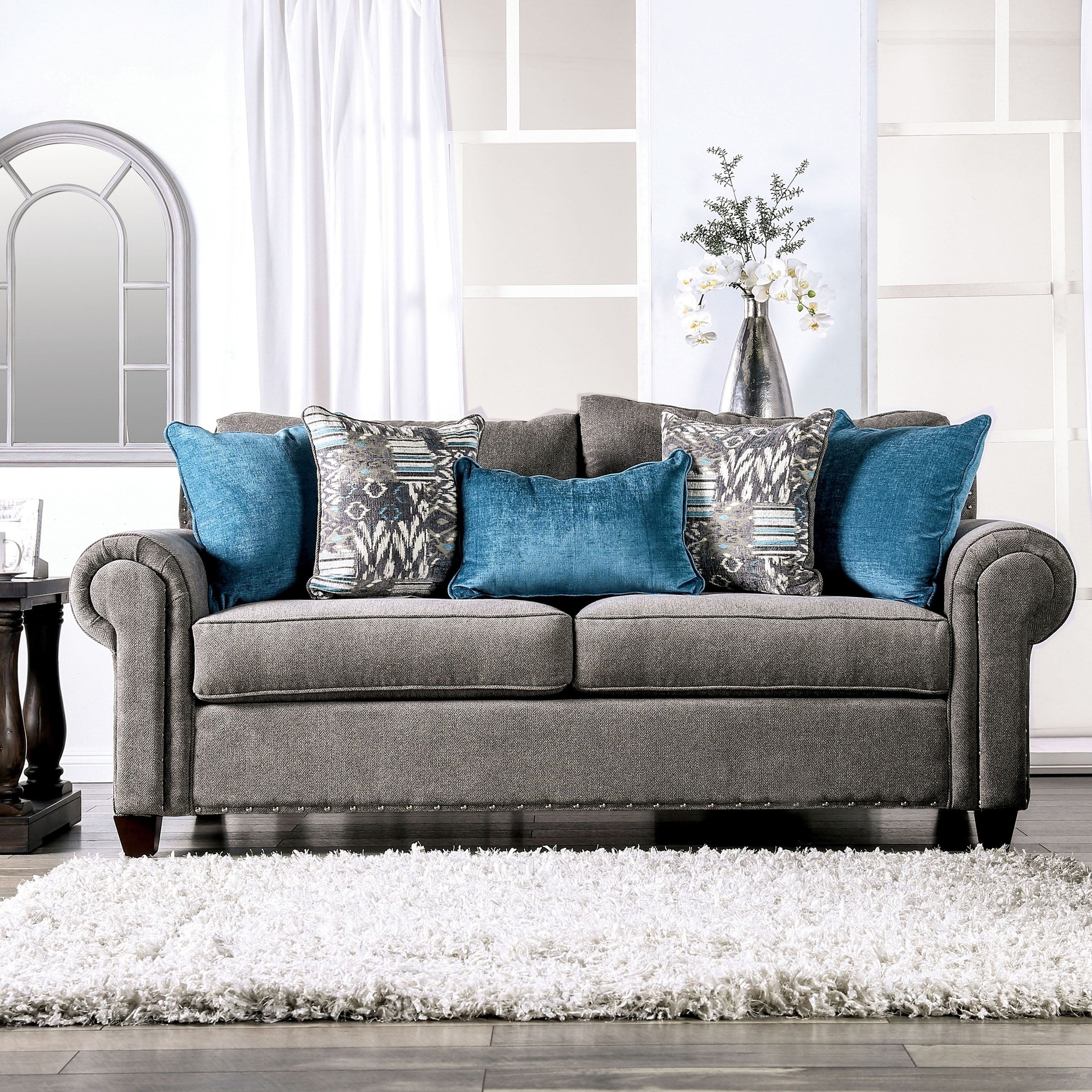 Furniture Of America Telavi Grey Upholstered Sofa With Nailhead Trim – On  Sale – – 27539790 Within Sofas With Nailhead Trim (View 2 of 15)