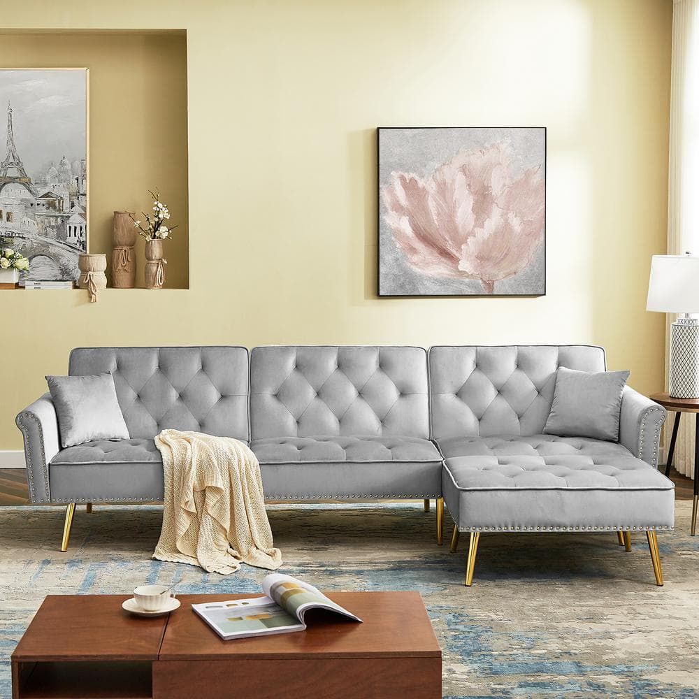 Gosalmon 110.2 In. W Light Gray Velvet Twin Size Sofa Bed, Reversible  Sectional L Shaped Couch With Movable Ottoman,Nailhead Trim W588S00044Nyy –  The Home Depot Throughout Sectional Sofas With Movable Ottoman (Photo 2 of 15)