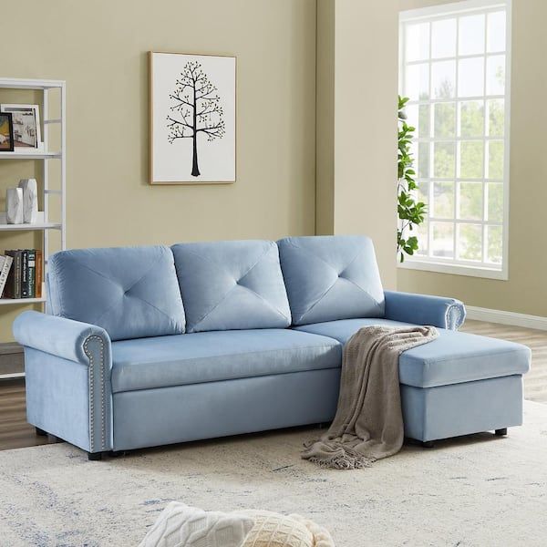 Gosalmon 83 In. W Blue Velvet Twin Size Sofa Bed Convertible Sectional 3 Seater  L Shape Couch With Storage Chaise Sg000345Nyyaaa – The Home Depot Pertaining To Chaise 3 Seat L Shaped Sleeper Sofas (Photo 3 of 15)