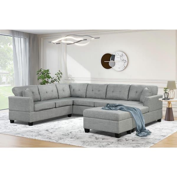 Harper & Bright Designs 121.3 In. W 4 Piece Linen U Shaped Modern Sectional  Sofa With Storage Ottoman And 2 Throw Pillows In Light Gray Cj461Aae – The  Home Depot Pertaining To Sectional Sofas With Ottomans And Tufted Back Cushion (Photo 13 of 15)