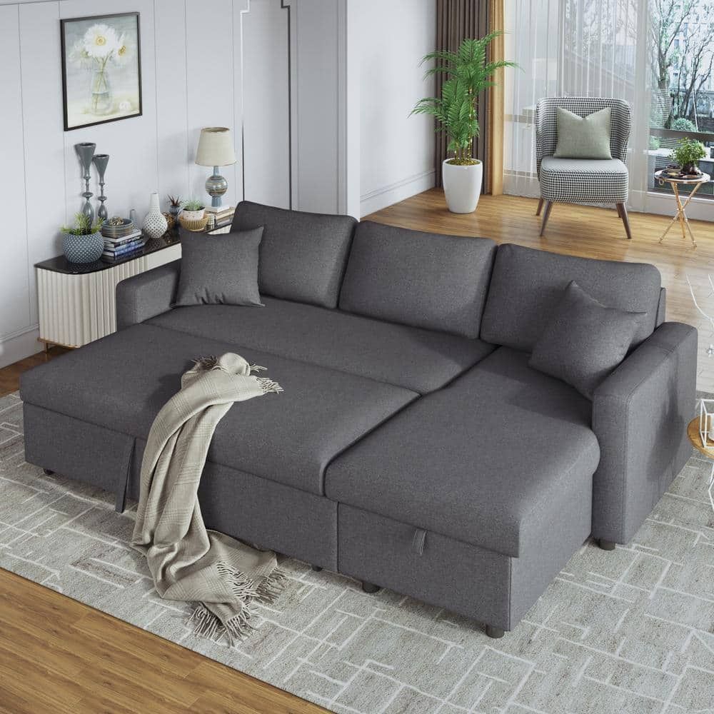 Harper & Bright Designs 87.4 In. W 1 Piece Fabric L Shaped Sleeper 3 Seats Sectional  Sofa In Gray With Storage Space And 2 Pillows Wyt107Eaa – The Home Depot Intended For Sectional Sofa With Storage (Photo 13 of 15)
