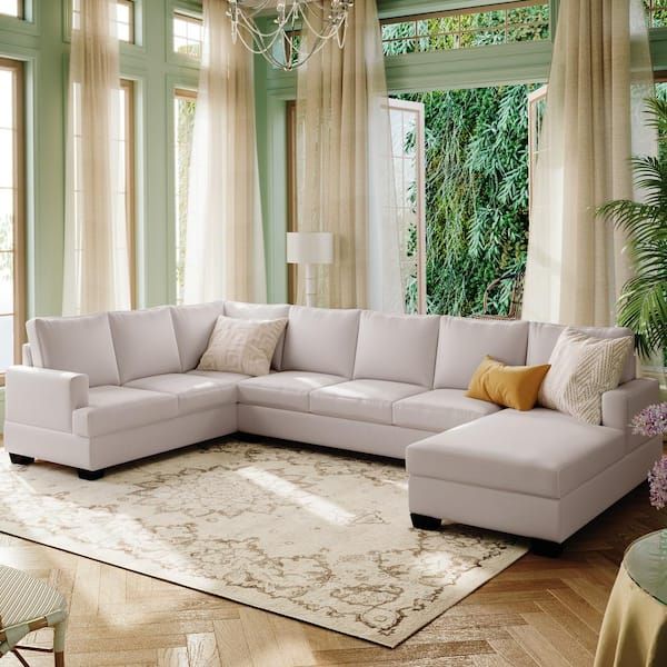 Harper & Bright Designs Modern Large 125.6 In W Square Arm Polyester  Upholstered U Shaped Sectional Sofa In Beige Wyt103Aaa – The Home Depot Regarding Sectional Sofa U Shaped (Photo 13 of 15)