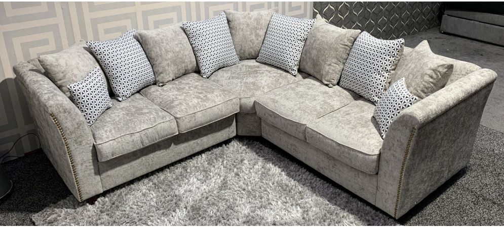 Holly Light Grey 2C2 Fabric Pillow Back Corner Sofa With Studded Arms | Leather  Sofa World For Pillowback Sofa Sectionals (View 9 of 15)