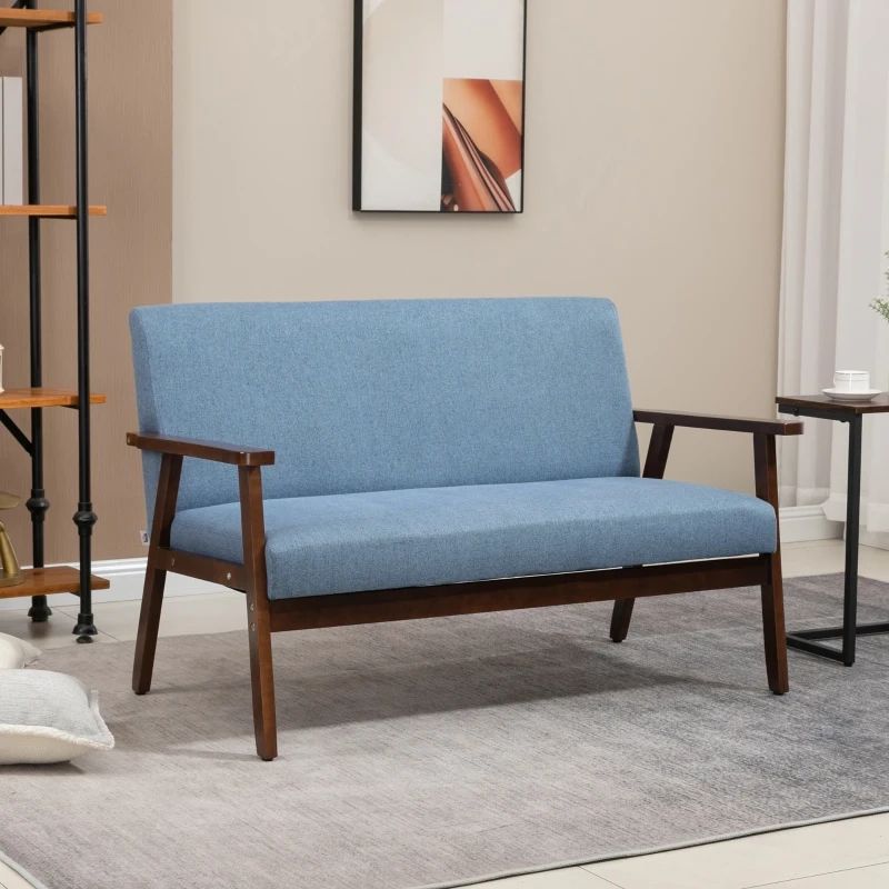 Homcom Compact Loveseat Sofa Couch Linen Fabric Double Seat Sofa With  Rubber Wood Frame Blue | Aosom Canada Regarding Couches Love Seats With Wood Frame (View 9 of 15)