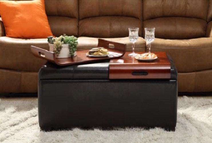 Home Furniture Leather Ottoman Storage Bench Seat Table Serving Tray  Footstool | Ebay Regarding Sofa Set With Storage Tray Ottoman (Photo 8 of 15)