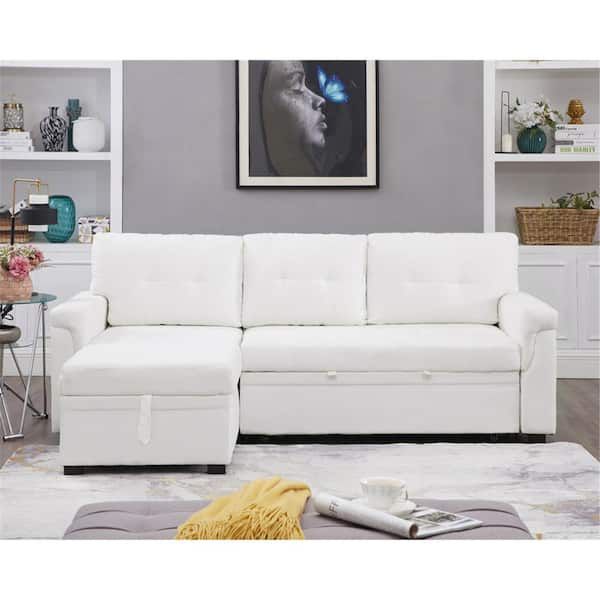 Homestock 78 In W White, Reversible Velvet Sleeper Sectional Sofa Storage  Chaise Pull Out Convertible Sofa 18782Hdn – The Home Depot Inside Convertible Sofa With Matching Chaise (View 8 of 15)