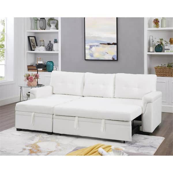 Homestock 78 In W White, Reversible Velvet Sleeper Sectional Sofa Storage  Chaise Pull Out Convertible Sofa 18782Hdn – The Home Depot Pertaining To Convertible Sofas With Matching Chaise (Photo 10 of 15)