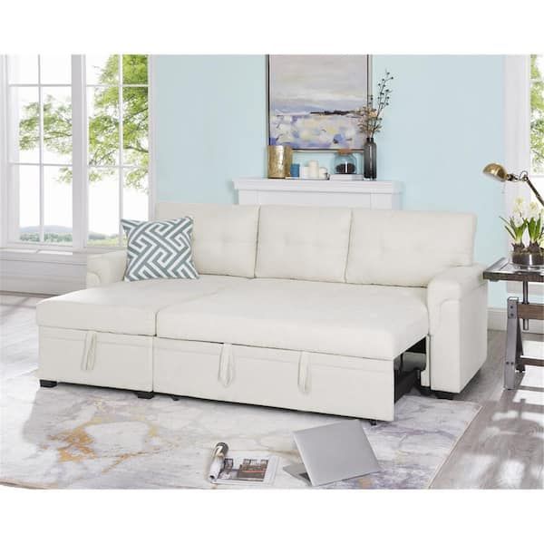 Homestock Cream Velvet Sectional Sleeper Sofa With Pull Out Bed, Reversible Sectional  Sofa Bed, L Shape Pull Out Couch Bed 99733 W – The Home Depot In Chaise 3 Seat L Shaped Sleeper Sofas (Photo 7 of 15)