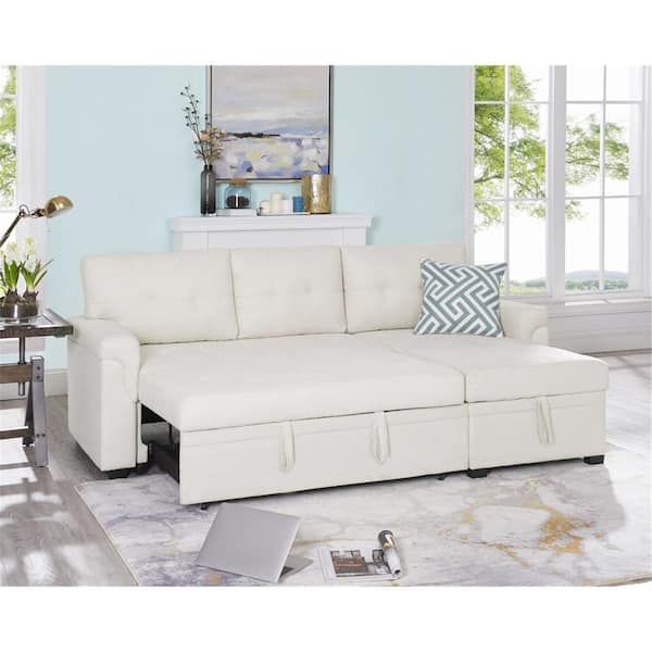 Homestock Cream Velvet Sectional Sleeper Sofa With Pull Out Bed, Reversible  Sectional Sofa Bed, L Shape Pull Out Couch Bed 99733 W – The Home Depot Pertaining To Reversible Pull Out Sofa Couches (View 8 of 15)