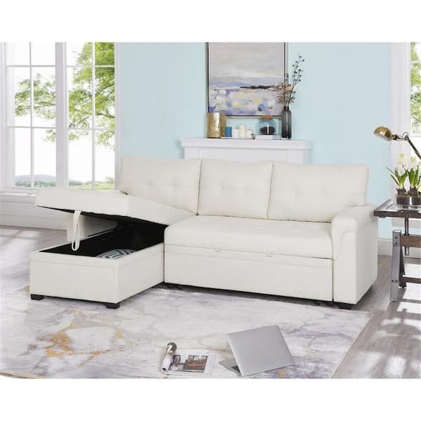 Homestock Cream Velvet Sectional Sleeper Sofa With Pull Out Bed, Reversible  Sectional Sofa Bed, L Shape Pull Out Couch Bed 99733 W – The Home Depot With Reversible Pull Out Sofa Couches (View 12 of 15)