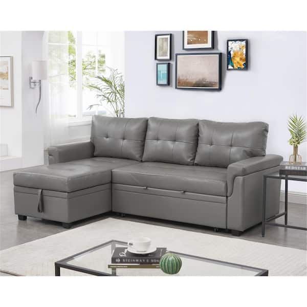 Homestock Gray, Reversible Air Leather Sleeper Sectional Sofa Storage  Chaise 99320 – The Home Depot With Sleeper Sofas With Storage (View 5 of 15)