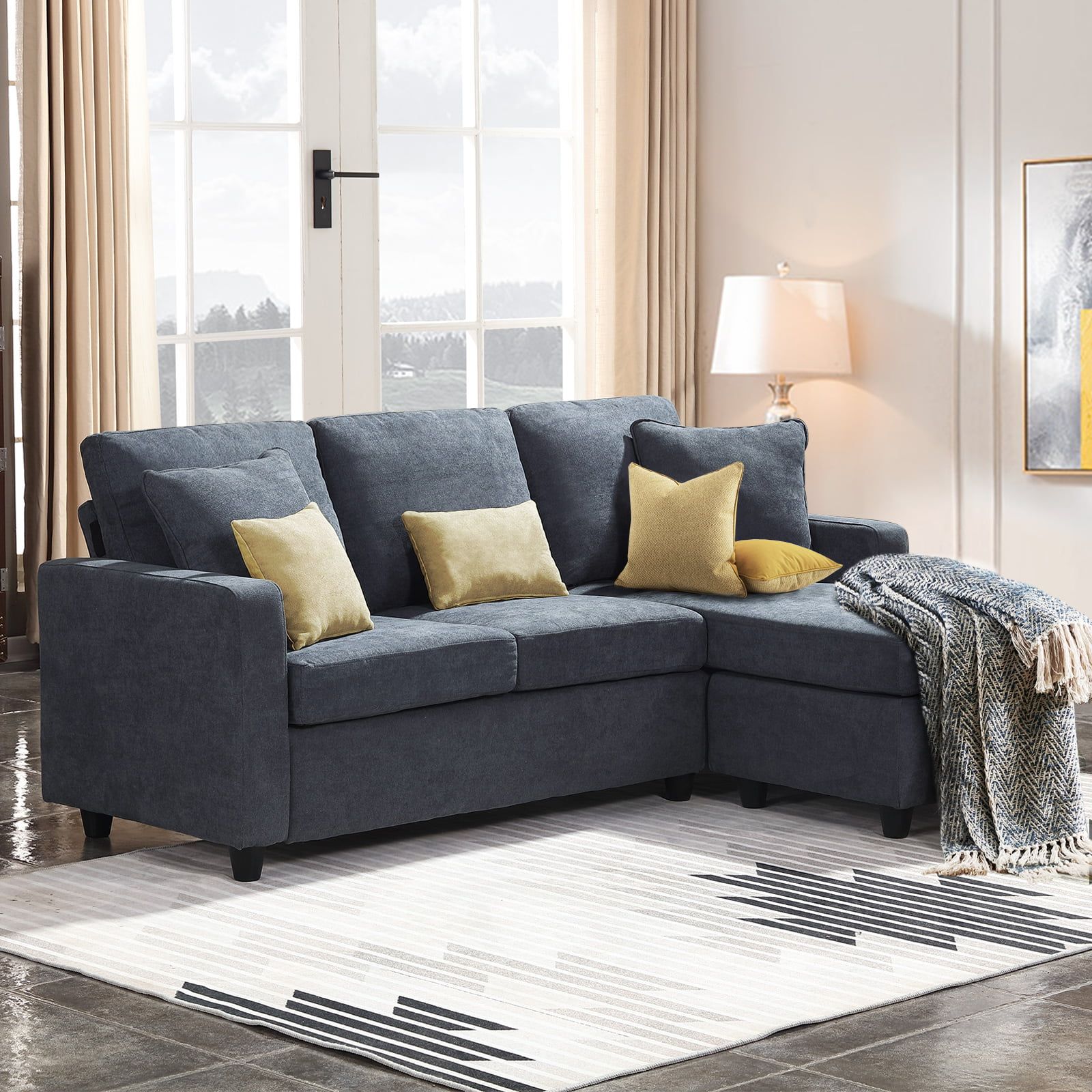 Honbay Convertible Sectional Sofa Couch, L Shaped Couch With Modern Linen  Fabric For Small Space Dark Grey – Walmart With Convertible Sectional Sofa Couches (View 3 of 15)