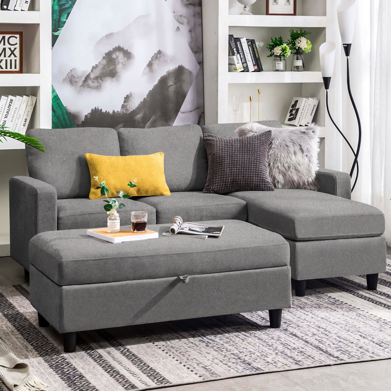 Honbay Convertible Sectional Sofa Set L Shaped Couch With Chaise & Ottoman  For Small Spaces, Grey Polyester – Walmart For Small L Shaped Sectionals (Photo 4 of 15)