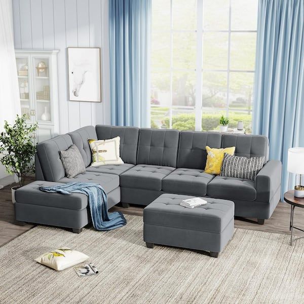 J&E Home 110.6 In. W Square Arm 3 Piece Velvet Upholstery L Shaped  Reversible 4 Seater Sectional Sofa In Cream With Ottoman Gd Sg000098Aaa –  The Home Depot In L Shapped Apartment Sofas (Photo 11 of 15)