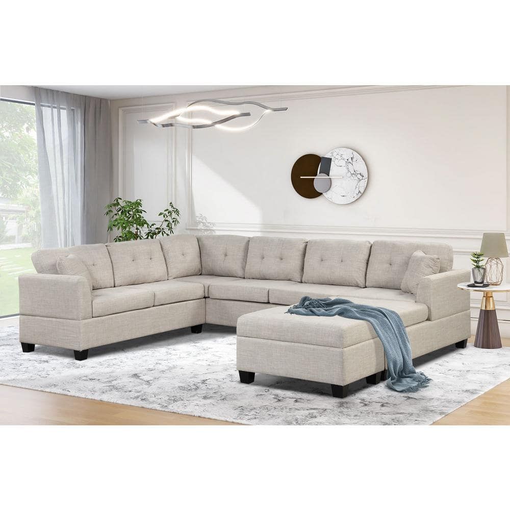 J&E Home 121.3 In. W Linen Square Arm 8 Seater U Shaped Oversized Sectional  Sofa With Storage Ottoman In Light Beige Gd Gs008367Aae – The Home Depot Regarding Sofas With Storage Ottoman (Photo 11 of 15)
