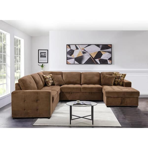J&E Home 123.62 In. W 3 Piece Brown Linen L Shaped Sectional Sofa With Usb  Ports Gd Sg000227Aaa – The Home Depot With 3 Seat L Shape Sofa Couches With 2 Usb Ports (Photo 4 of 15)