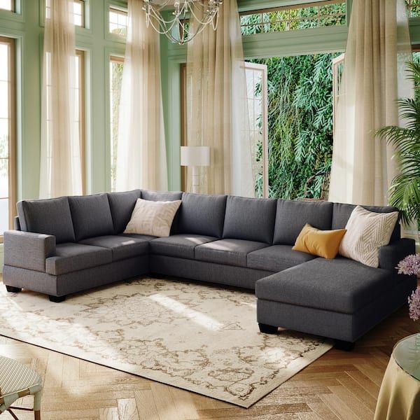 J&E Home 125.6 In. W Square Arm 4 Piece 6 Seats Polyester U Shape Sectional  Sofa With Chaise In Gray B011 Hs00F6989 – The Home Depot In Sectional Couches For Living Room (Photo 9 of 15)