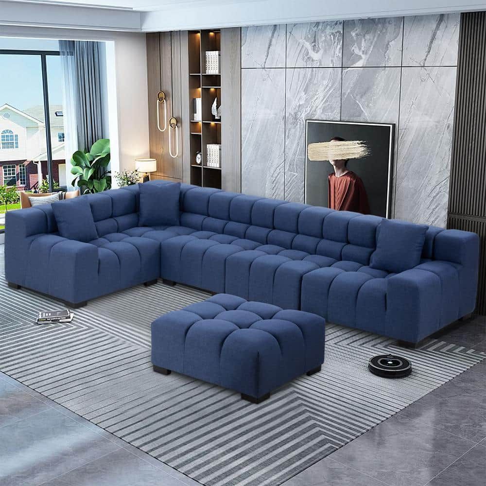 J&E Home 149.6 In. W Square Arm 3 Piece Linen L Shaped Reversible 7 Seater  Sectional Sofa With Ottoman In Blue Gd W487S00051 – The Home Depot Throughout 7 Seater Sectional Couch With Ottoman And 3 Pillows (Photo 6 of 15)