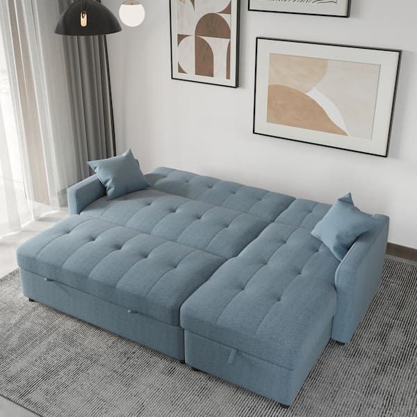 J&E Home 81.9 In. W Blue Cotton Queen Size 4 Seats Reversible Pull Out  Sleeper Sectional Storage Sofa Bed Je Sf2 Lv7047Bl – The Home Depot Regarding Pull Out Couch Beds (Photo 10 of 15)