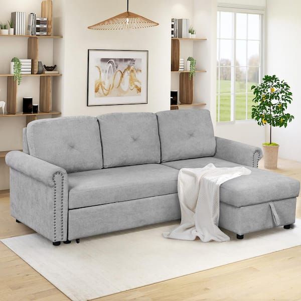 J&E Home 83 In. W Light Gray Velvet 3 Seater Full Size Sleeper Sofa Bed  With Storage Chaise Gd Wf285169Aae – The Home Depot Throughout Chaise 3 Seat L Shaped Sleeper Sofas (Photo 1 of 15)