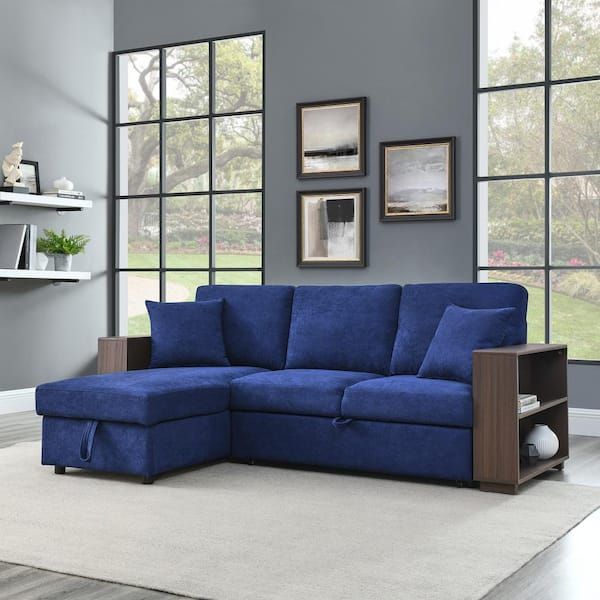 J&E Home 85 In. W Navy Color Polyester Fabric Full Size 3 Seats Reversible  Sectional Sofa Bed With Storage Gd W487S00010 – The Home Depot With 3 Seat Sofa Sectionals With Reversible Chaise (Photo 2 of 15)