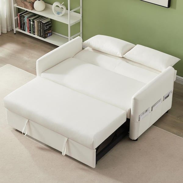 Kinwell 57 In. Creamy White Convertible Full Size Pull Out Faux Leather Sleeper  Sofa Bed Reclining With Adjustable Backrest Bsc087 Bg – The Home Depot Inside Pull Out Couch Beds (Photo 7 of 15)