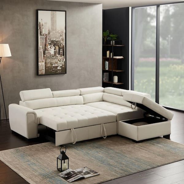 Kinwell 95 In. W Square Arm 3 Piece Faux Leather L Shaped Convertible  Sectional Sofa In White With Storge Bsc Hx9182 Wh – The Home Depot For Convertible Sectional Sofa Couches (Photo 8 of 15)