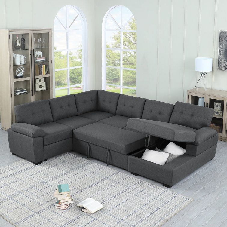 Latitude Run® Aine 118" Wide Fabric Sectional Sleeper Sofa (Pull Out Bed)  With Storage Chaise & Reviews | Wayfair With Convertible Sofa With Matching Chaise (Photo 14 of 15)