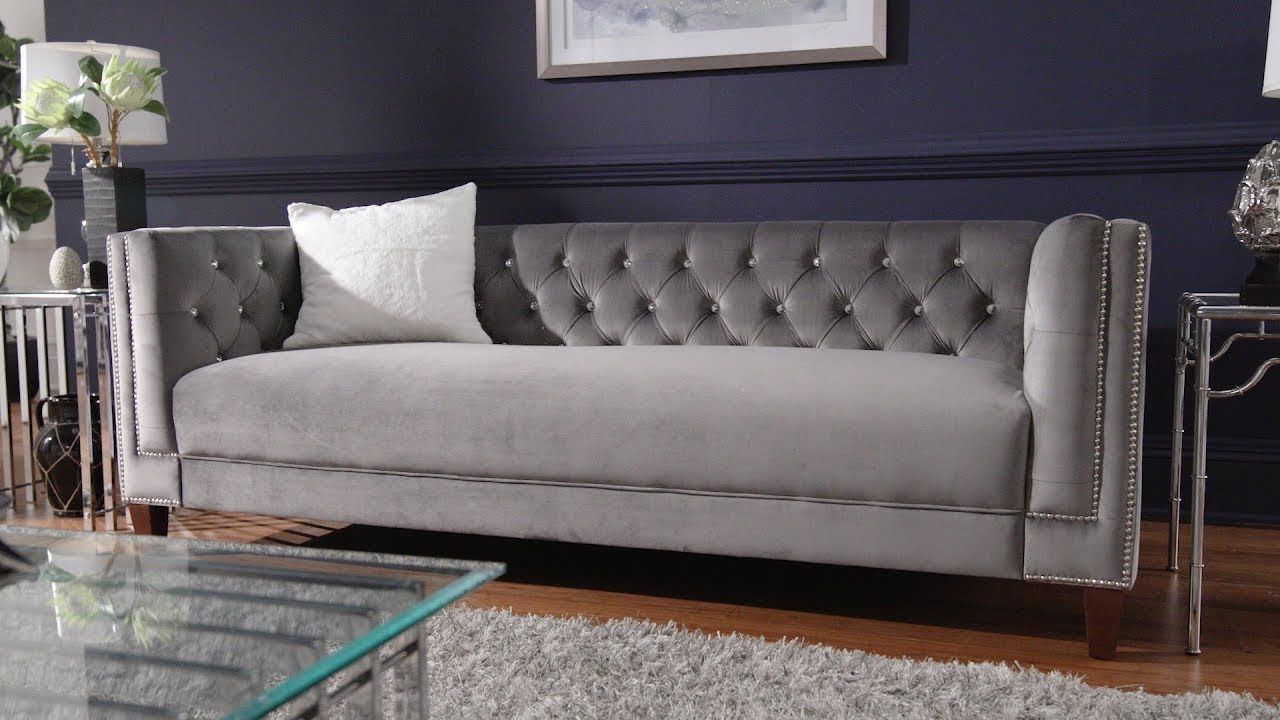 Layla Light Grey Velvet Sofa Love Seat Chair With Nailhead Triminspire  Q Bold – Youtube With Light Gray Velvet Sofas (View 14 of 15)