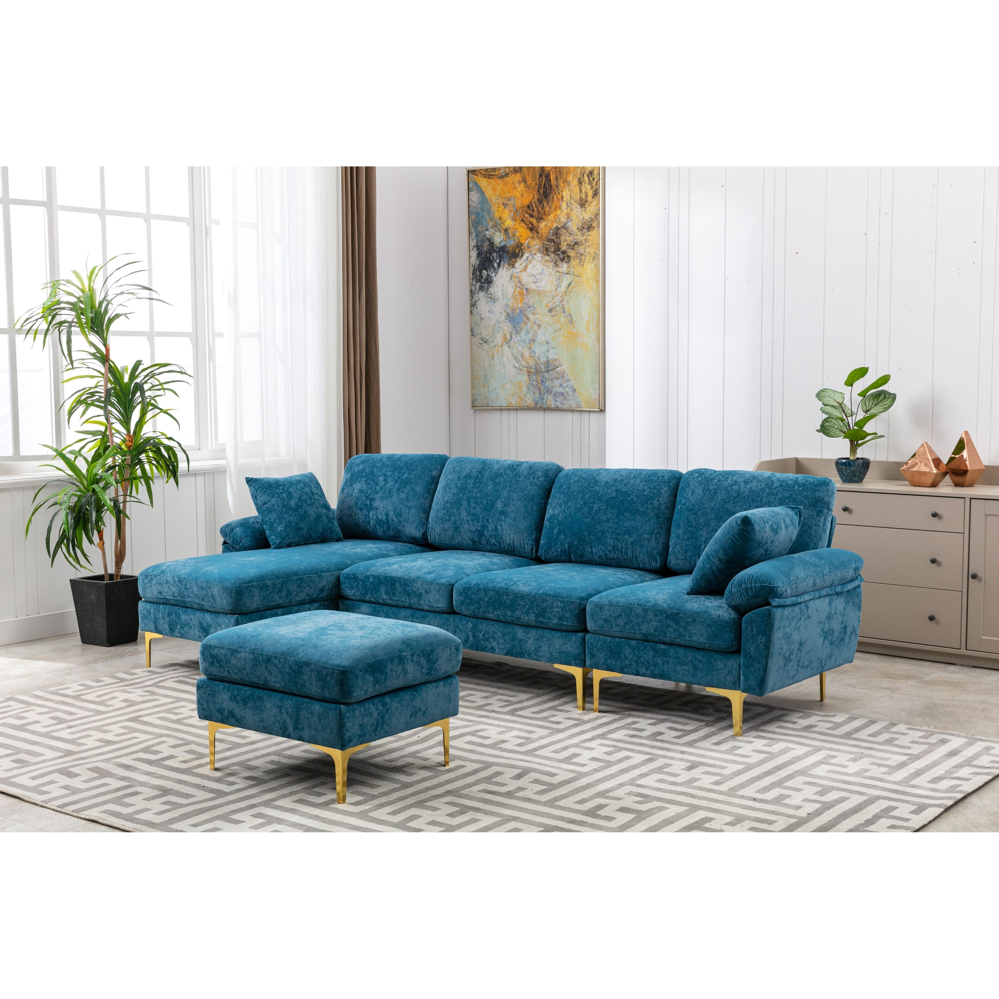 Living Room Sectional Sofa, L Shaped Upholstered Couch With Movable Ottoman,  Convertible Modular Sofa With Gold Metal Legs – – 36690154 Pertaining To Sectional Sofas With Movable Ottoman (View 13 of 15)