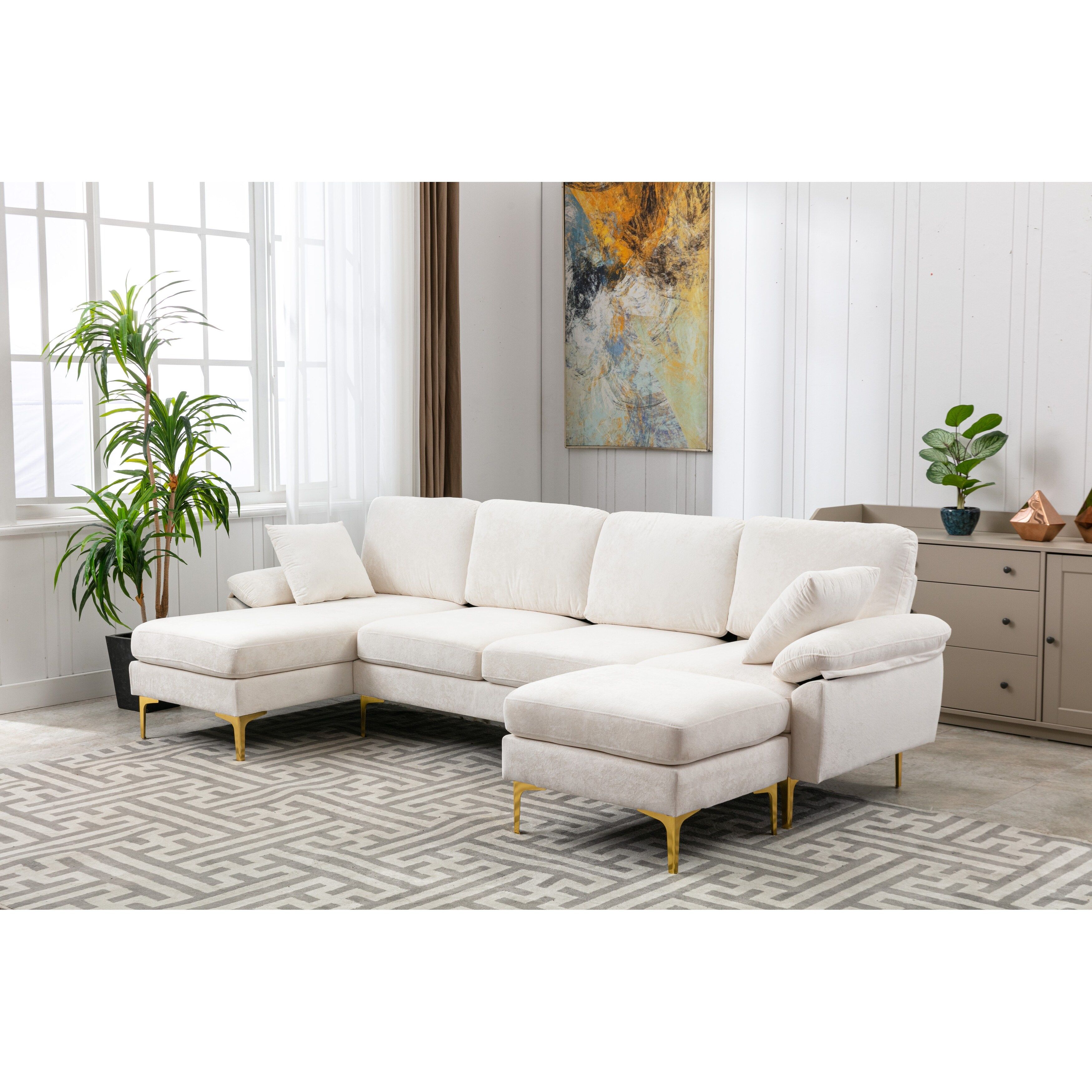 Living Room Sectional Sofa, L Shaped Upholstered Couch With Movable Ottoman,  Convertible Modular Sofa With Gold Metal Legs – On Sale – – 37311561 Within Sectional Sofas With Movable Ottoman (View 10 of 15)