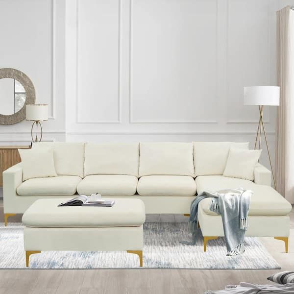 Magic Home 110.6 In. Velvet L Shape Sectional Sofa Couch With Ottoman And 2  Pillows For Living Room Apartment, Cream White Cs Gs006096Aae – The Home  Depot Intended For L Shapped Apartment Sofas (Photo 3 of 15)