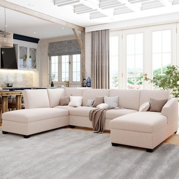 Magic Home 116.9 In. Large U Shape Polyester Sectional Sofa With Double  Extra Wide Chaise Lounge Couch, Beige Mh Hq O23G – The Home Depot With Regard To Sofas With Double Chaises (Photo 8 of 15)