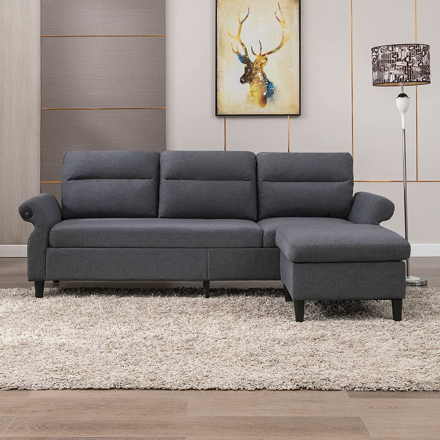 Mjkone Modern 88" W Convertible Sectional Sofa Couch With 2 Usb Ports And  Adjustable Armres,3 Seat L Shape Sofa Couch With,Ottoman For Living  Room,Apartment , Linen Fabric,Dark Grey – Walmart For 3 Seat L Shape Sofa Couches With 2 Usb Ports (View 7 of 15)