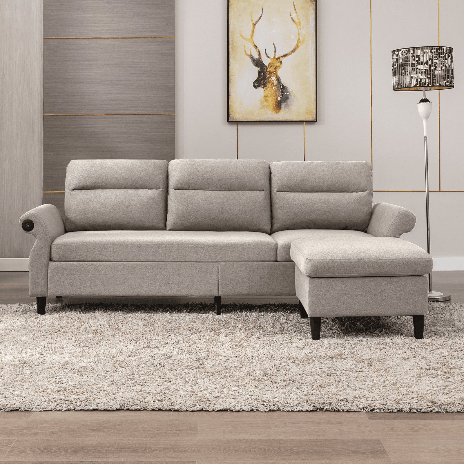 Mjkone Modern 88" W Convertible Sectional Sofa Couch With 2 Usb Ports And  Adjustable Armres,3 Seat L Shape Sofa Couch With,Ottoman For Living  Room,Apartment , Linen Fabric,Light Grey – Walmart Pertaining To 3 Seat L Shape Sofa Couches With 2 Usb Ports (Photo 2 of 15)